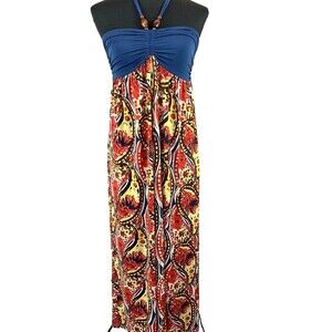 Nine West Maxi Dress Halter Strapless size XS Wood Beads Paisley Floral Blue Red